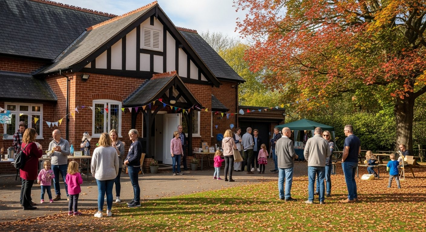 People gathered outside a Cheshire village hall at a community event, representing the rural community development and infrastructure work supported by Cheshire Community Action